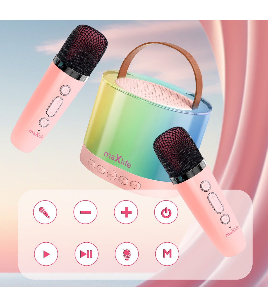 Maxlife Ηχείο Karaoke με Ασύρματα Μικρόφωνα και Εφέ Φωτισμού MXKS-200 σε Ροζ Χρώμα