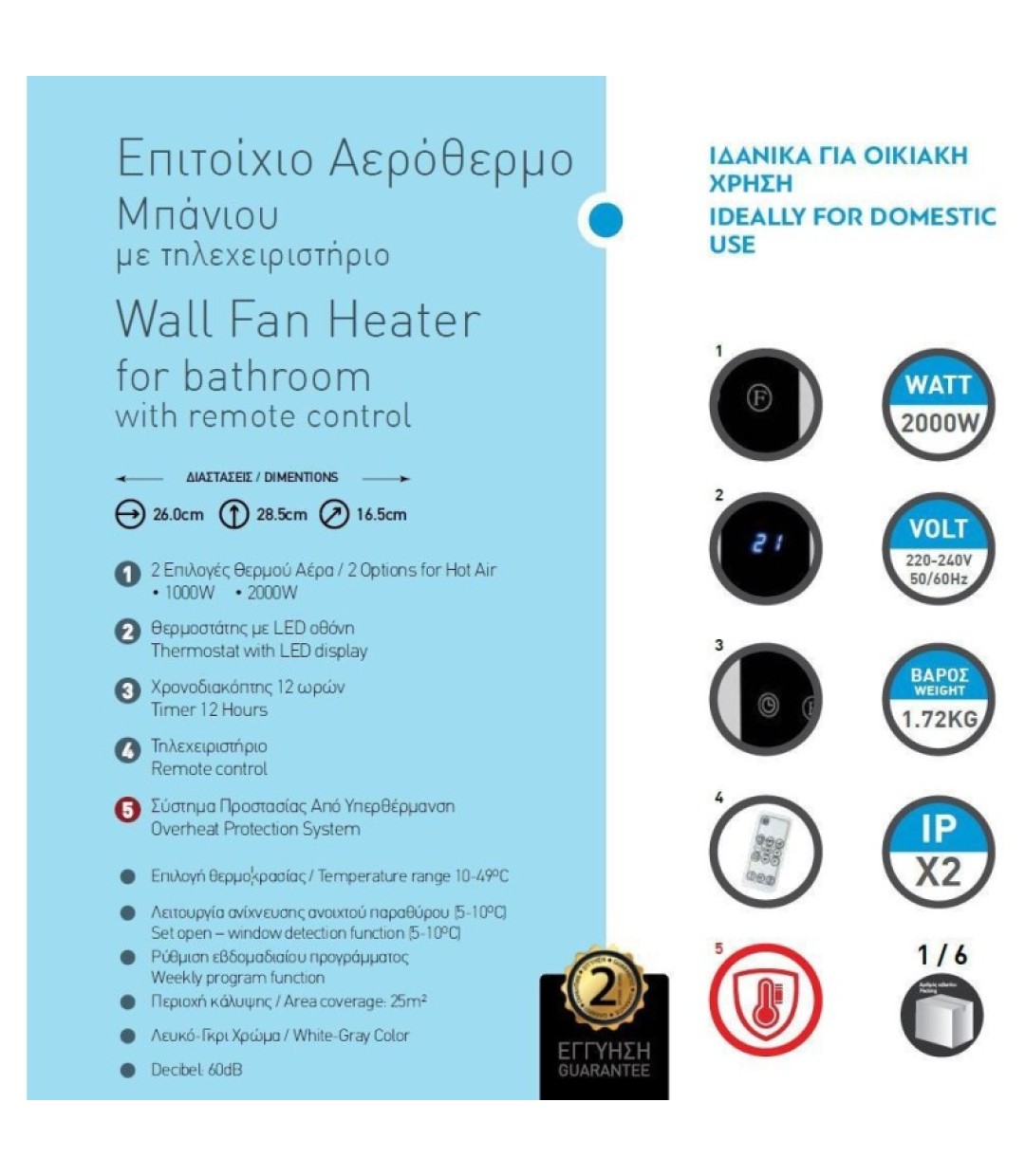 Eurolamp 147-29128 Αερόθερμο Μπάνιου Τοίχου 2000W