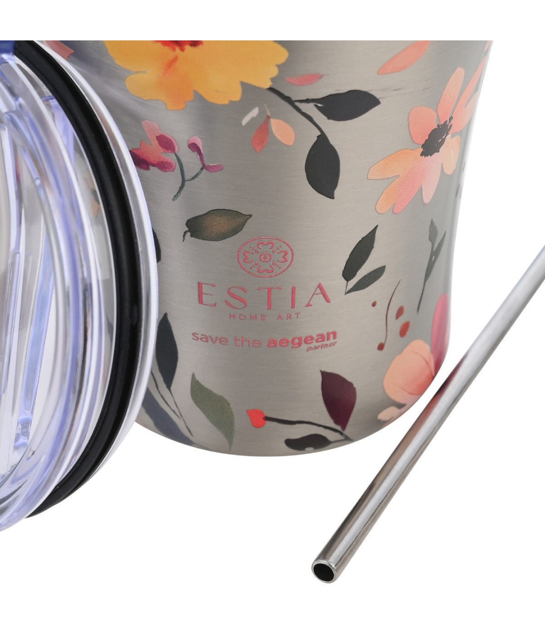 Estia Coffee Mug Save The Aegean Θερμός Ανοξείδωτο BPA Free 350ml Silver Botanic με Καλαμάκι 01-31787