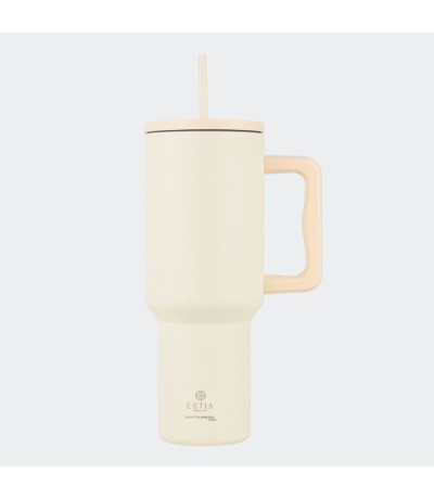 Estia Straw Tumbler XL Save the Aegean Ανακυκλώσιμο Handled Tumbler Θερμός Ανοξείδωτο BPA Free 900ml Lily White με Καλαμάκι και Λαβή