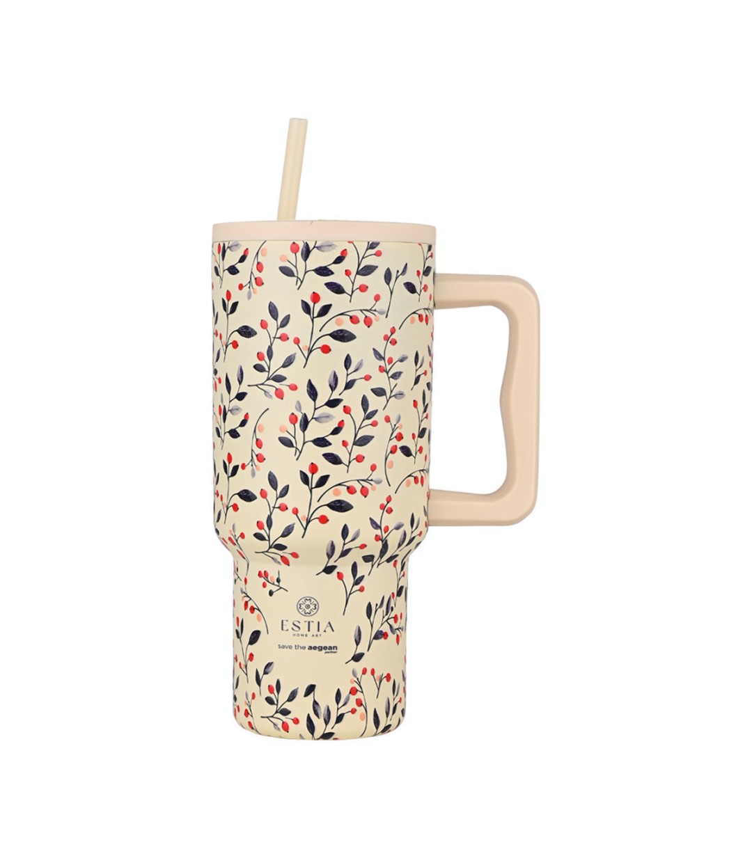 Estia Straw Tumbler XL Save the Aegean  Θερμός Ανοξείδωτο BPA Free 900ml Bloom Beige με Καλαμάκι και Λαβή Κωδικός: 01-35181 