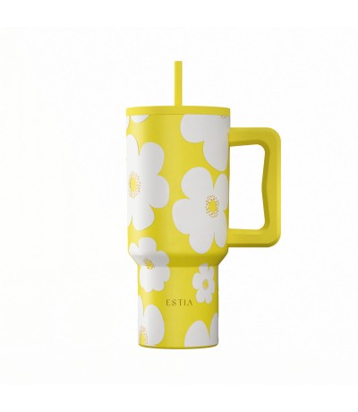 Estia Save Aegean Ανακυκλώσιμο Handled Tumbler Θερμός Ανοξείδωτο BPA Free 900ml YELLOW DAISY με Καλαμάκι και Λαβή 01-41625