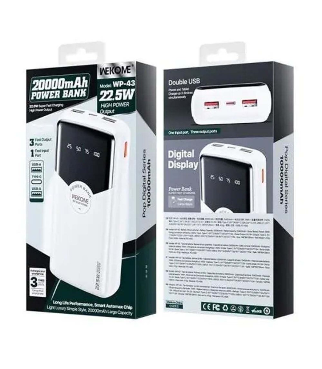 WK WP-43 Power Bank 10000mAh 22.5W με 2 Θύρες USB-A και Θύρα USB-C Power Delivery Λευκό