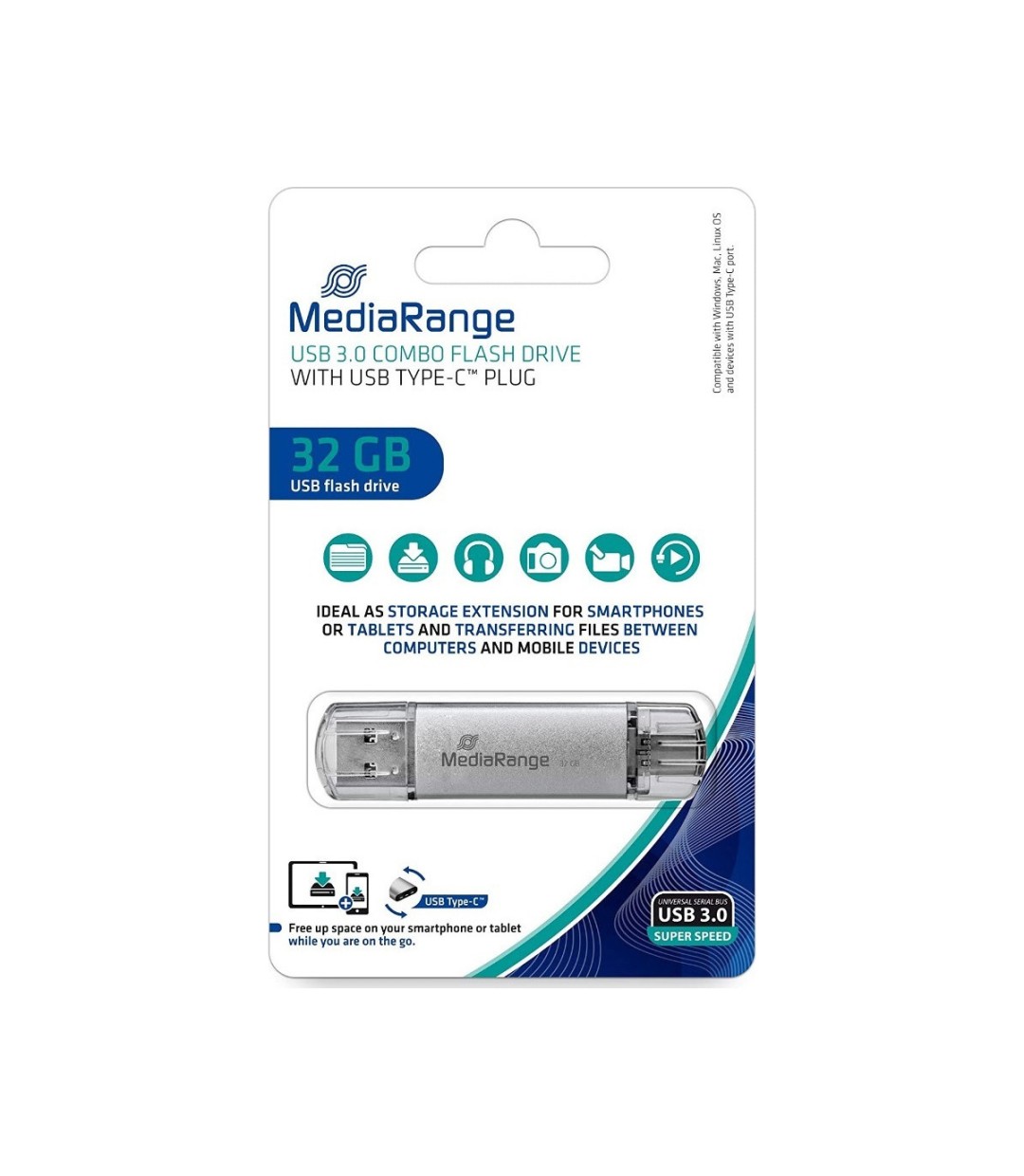 MediaRange 32GB USB 3.0 Stick με σύνδεση USB-A & USB-C Γκρι MediaRange 32GB USB 3.0 Stick με σύνδεση USB-A & USB-C Γκρι