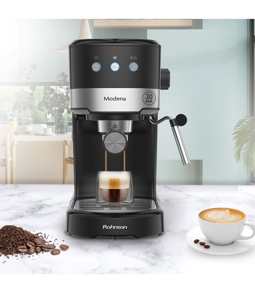 Rohnson R-98012 Modena Μηχανή Espresso 1100W Πίεσης 20bar Μαύρη