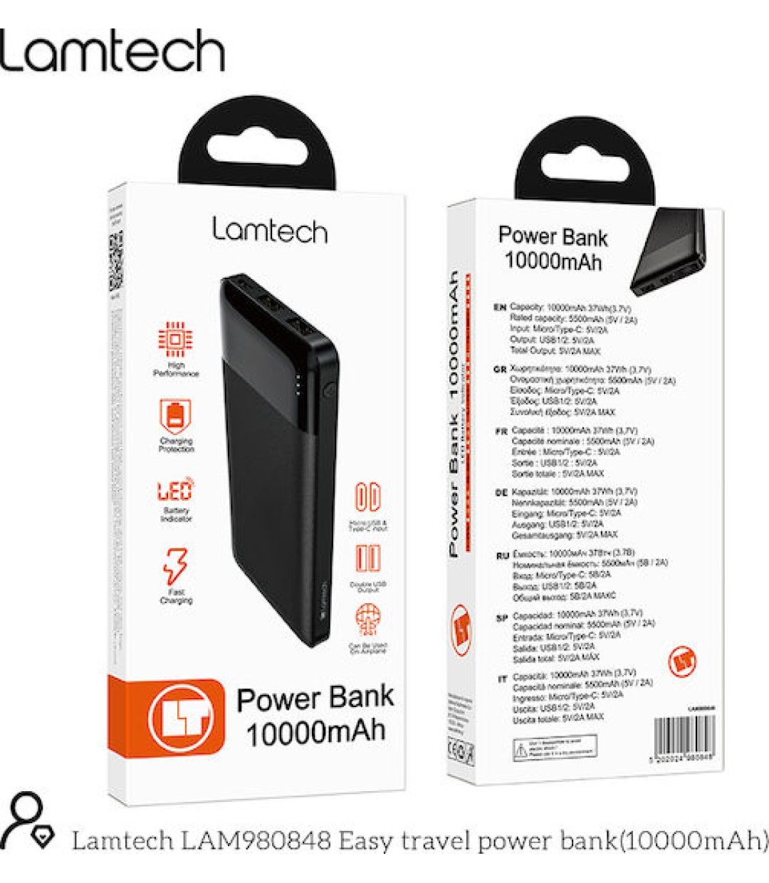 POWER BANK LAMTECH LAM 980848 10.000 Mah DUAL USB BLACK