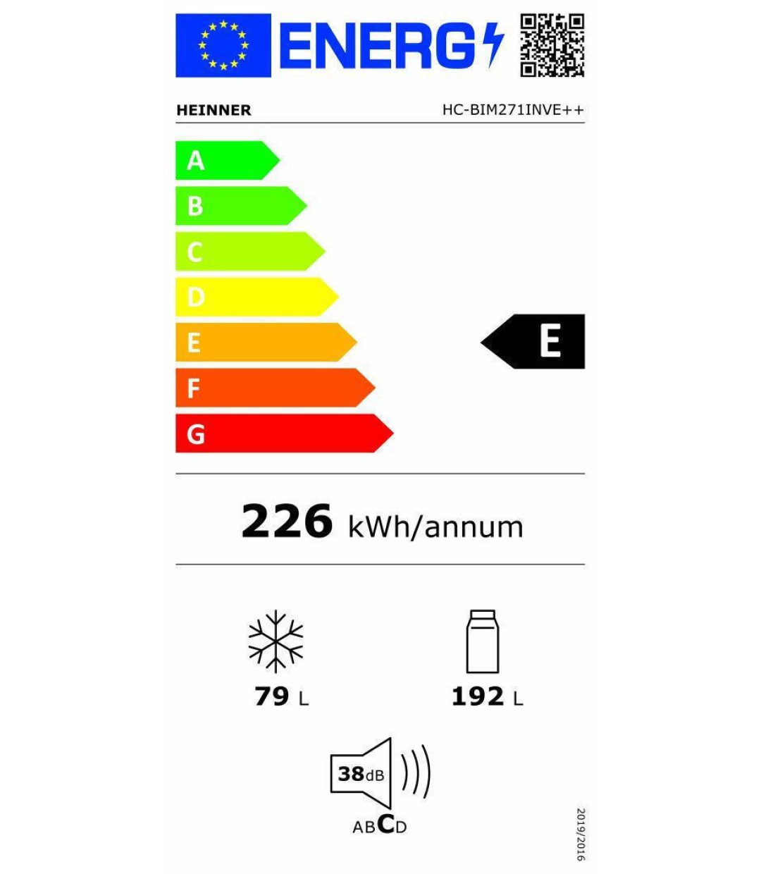 Heinner Εντοιχιζόμενος Ψυγειοκαταψύκτης 271lt Υ178.5xΠ54xΒ55εκ. Λευκός HC-BIM271INVE++