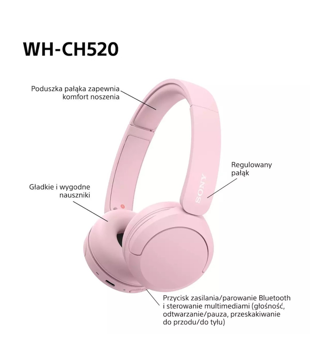Sony WH-CH520 Ασύρματα / Ενσύρματα On Ear Ακουστικά με 50 ώρες Λειτουργίας και Quick Charge Ροζ