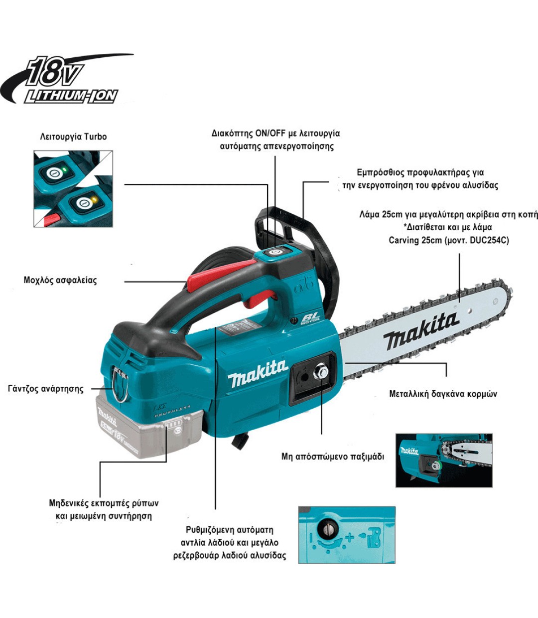 Makita Κλαδευτικό Αλυσοπρίονο Μπαταρίας Solo Brushless DUC 254 18V 2.8kg με Λάμα 25cm