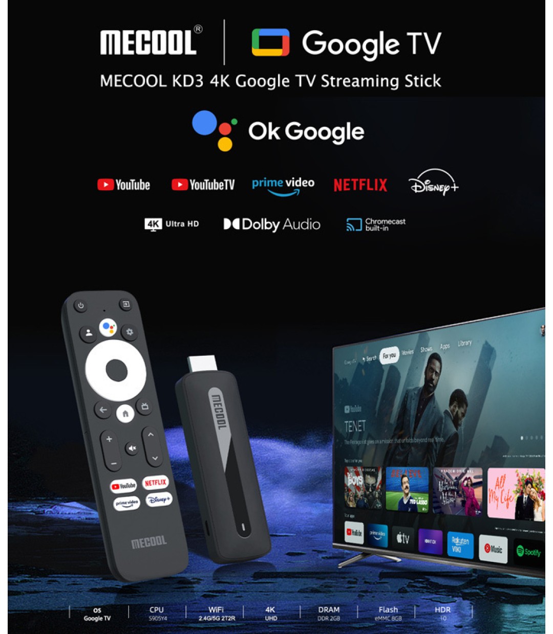 MECOOL KD3 Smart TV Stick 4K UHD με Wi-Fi / Bluetooth / HDMI & Google Assistant