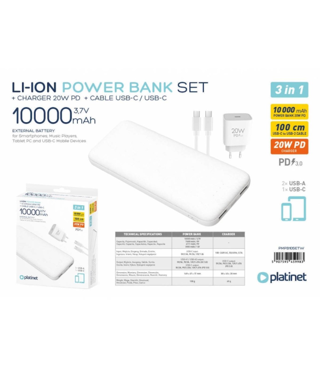 Platinet Set Power Bank 10000mAh 20W με 2 Θύρες USB-A και Θύρα USB-C Power Delivery Λευκό