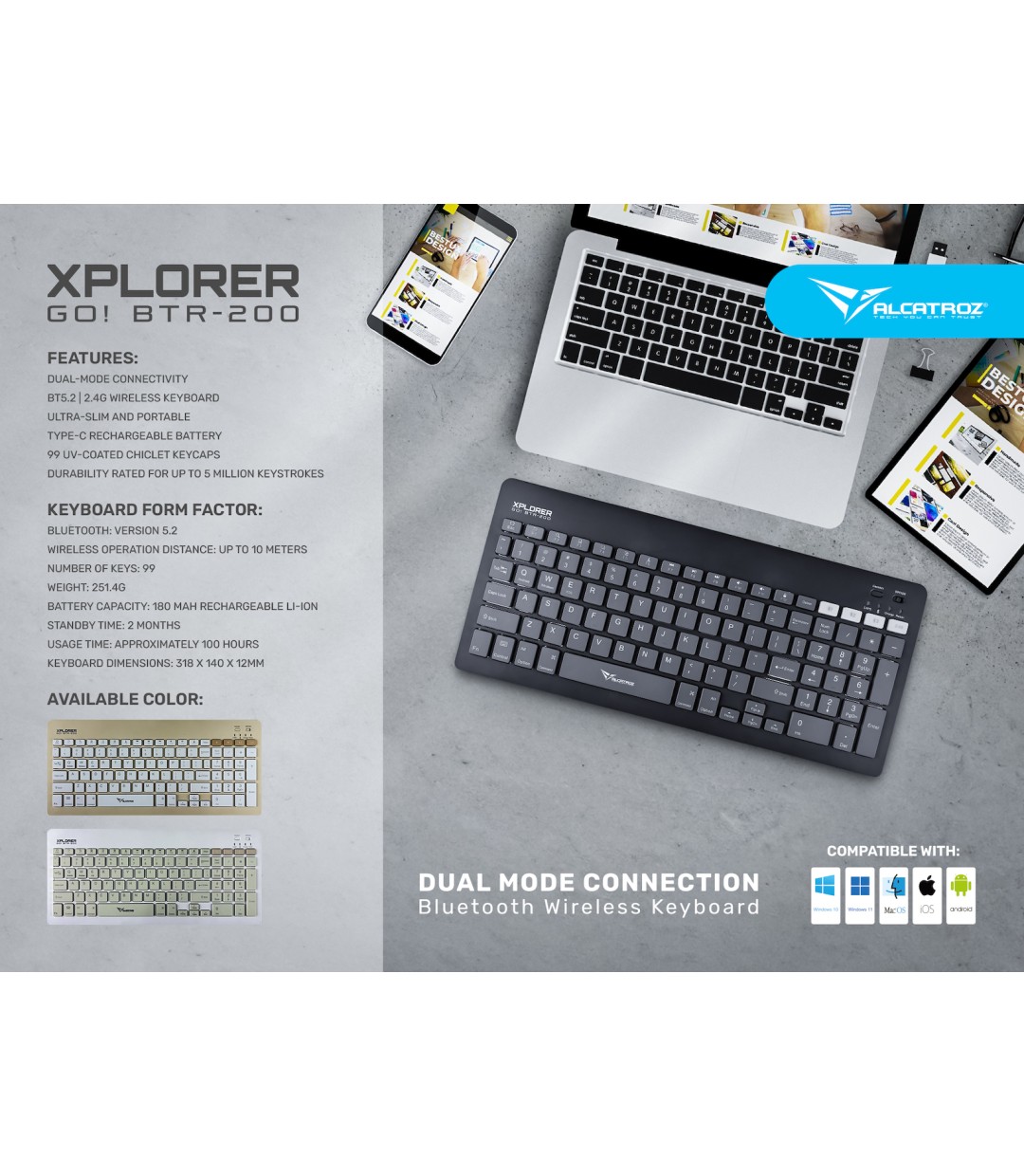 Alcatroz Xplorer GO BTR 200! Ασύρματο Bluetooth Πληκτρολόγιο Αγγλικό US Slate