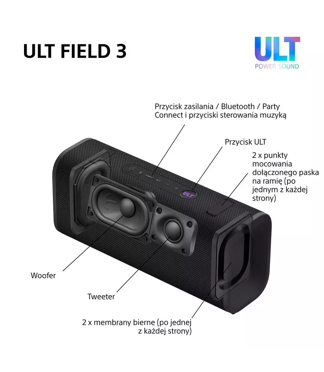 Sony ULT FIELD 3 - Φορητό ηχείο Bluetooth με ήχο ULT POWER SOUND - Μαύρο