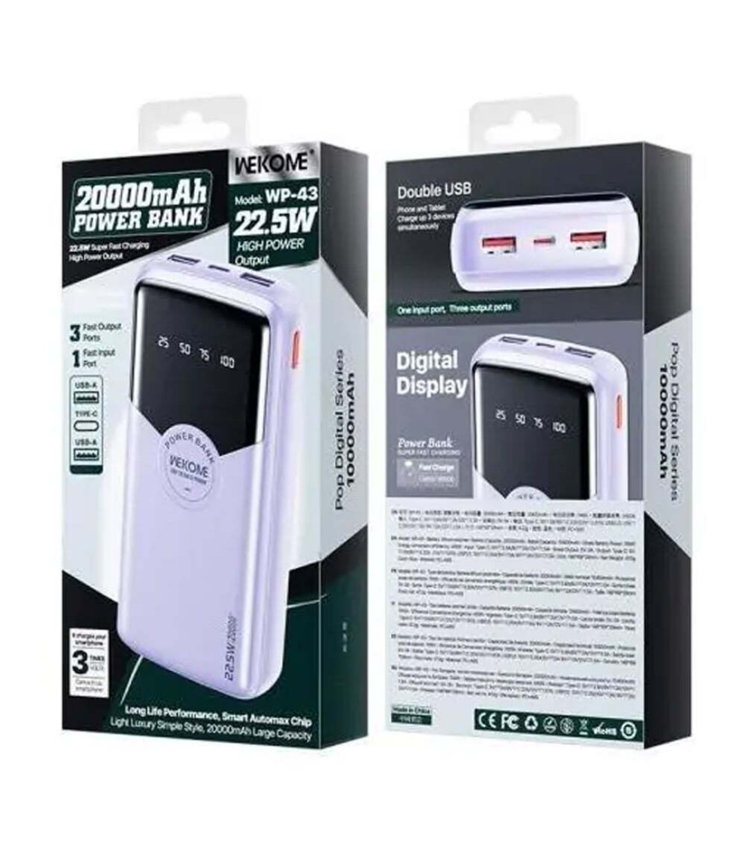 WK WP-43 Power Bank 10000mAh 22.5W με 2 Θύρες USB-A και Θύρα USB-C Power Delivery Μωβ