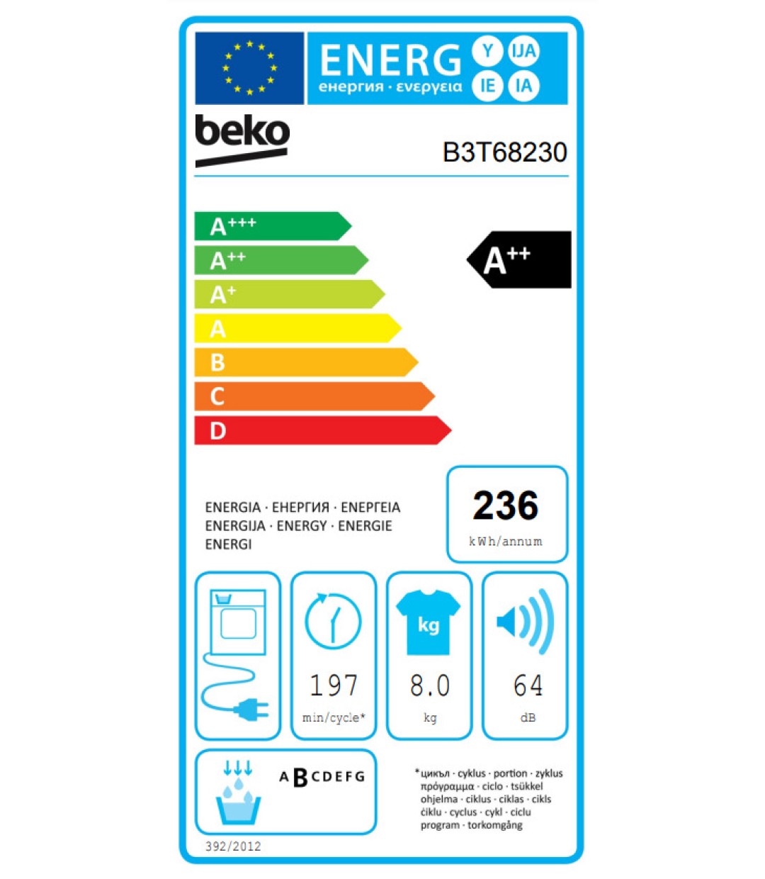 Beko B3T68230 Στεγνωτήριο 8kg A++ με Αντλία Θερμότητας Beko B3T68230 Στεγνωτήριο 8kg A++ με Αντλία Θερμότητας