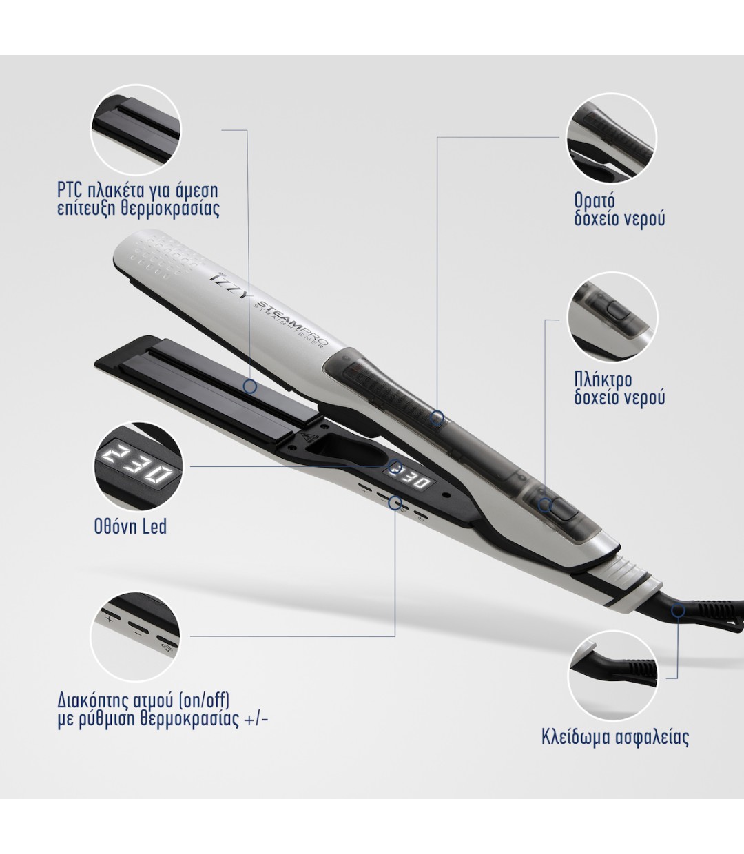 Izzy IZ-7106 224898 Πρέσα Μαλλιών με Ατμό και Κεραμικές Πλάκες