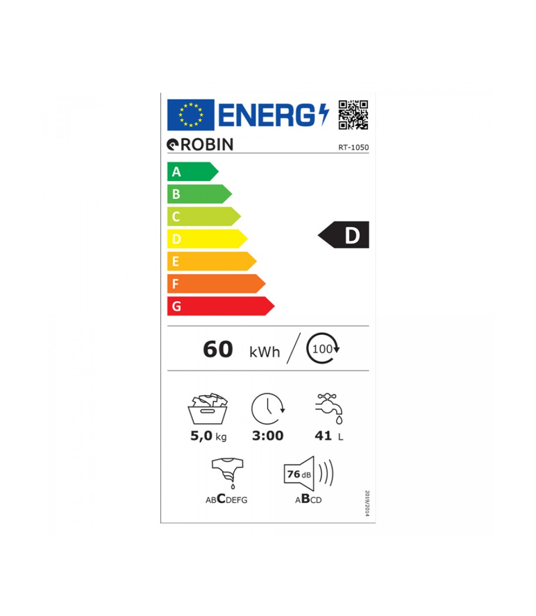 Robin RT-1050 Πλυντήριο Ρούχων 5kg 1000 Στροφών Robin RT-1050 Πλυντήριο Ρούχων 5kg 1000 Στροφών