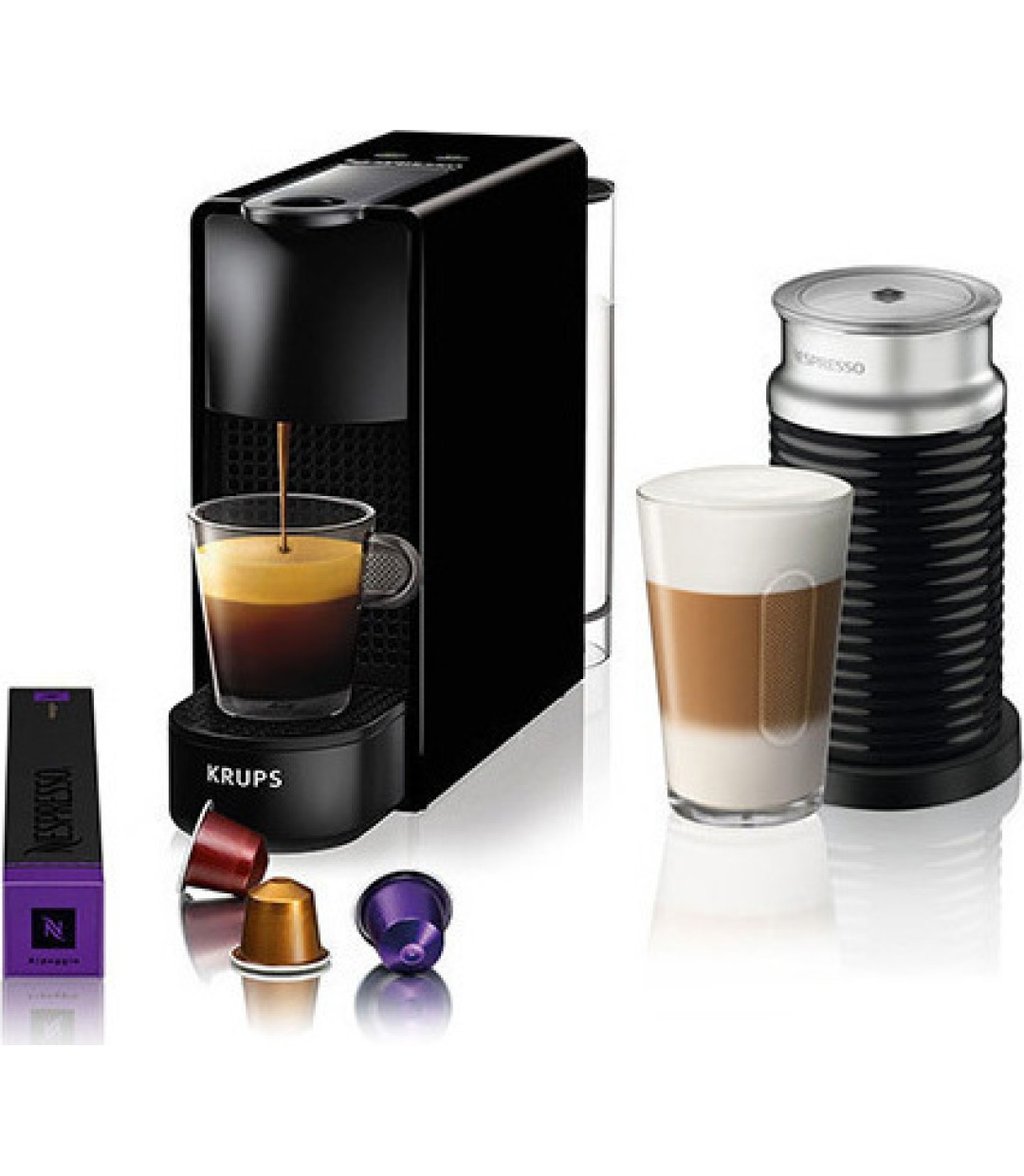 Krups XN1118V  Essenza Mini & Aeroccino Καφετιέρα για Κάψουλες Nespresso Πίεσης 19bar με Αφρογαλιέρα Black