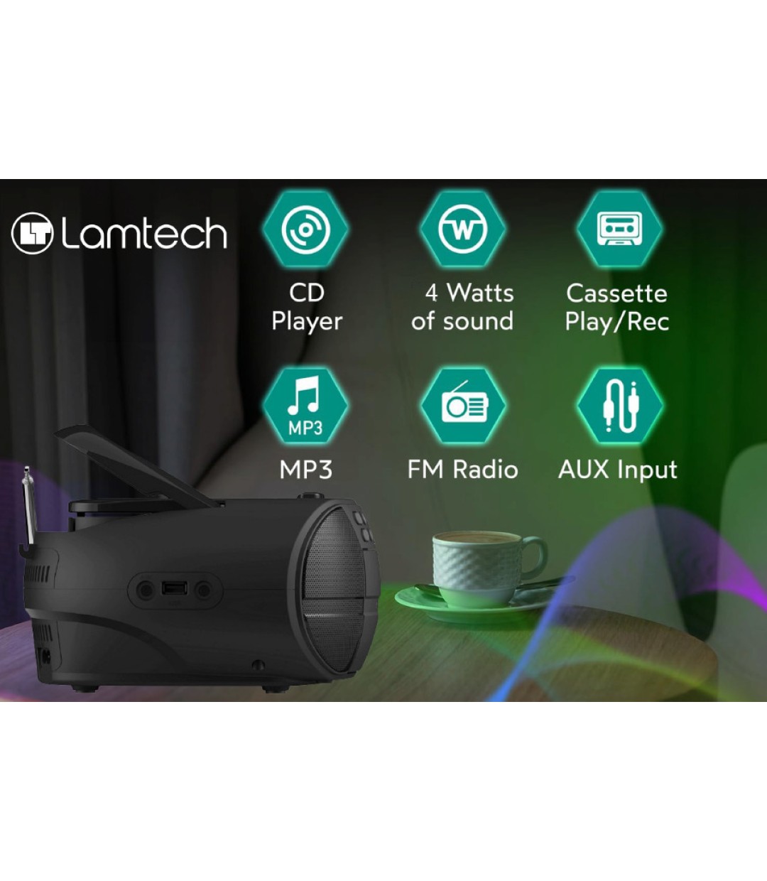 Lamtech Φορητό Ηχοσύστημα με Bluetooth / Ραδιόφωνο / USB / MP3 / Κασετόφωνο σε Μαύρο Χρώμα LAM112525