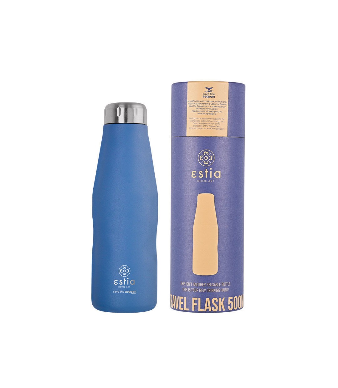 Estia Travel Flask Save the Aegean Ανακυκλώσιμο Μπουκάλι Θερμός Ανοξείδωτο BPA Free Denim Blue 500ml 01-12052