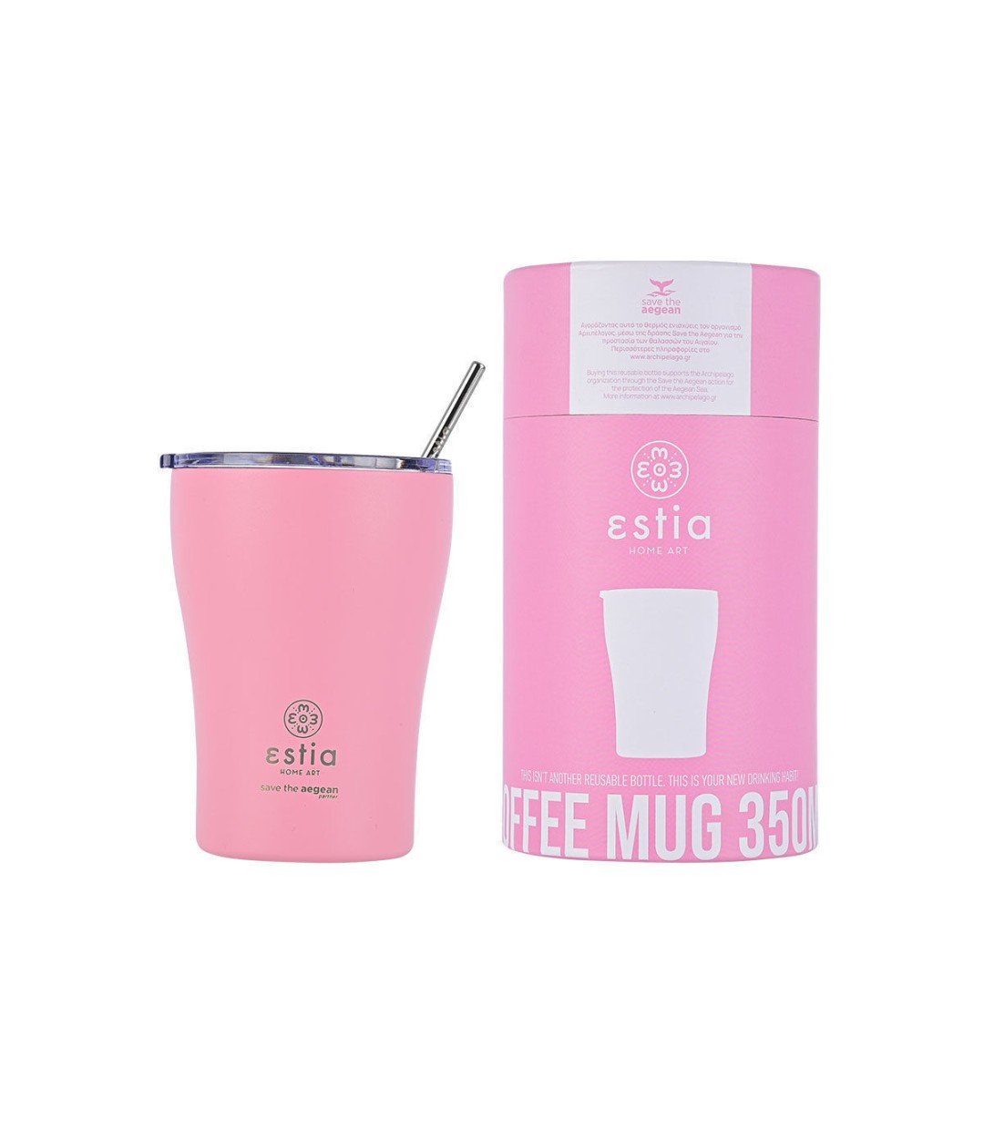 Estia Coffee Mug Save The Aegean Ποτήρι Θερμός Ανοξείδωτο BPA Free Blossom Rose 350ml με Καλαμάκι 01-12472