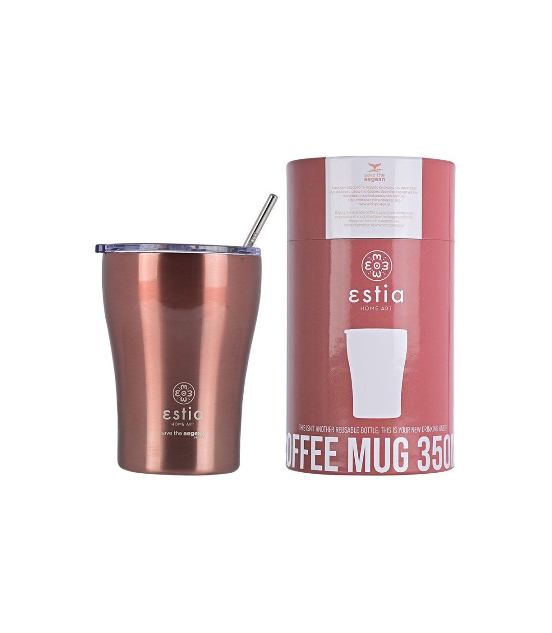 Estia Coffee Mug Save The Aegean Ποτήρι Θερμός Ανοξείδωτο BPA Free Rose Gold 350ml με Καλαμάκι 01-12489