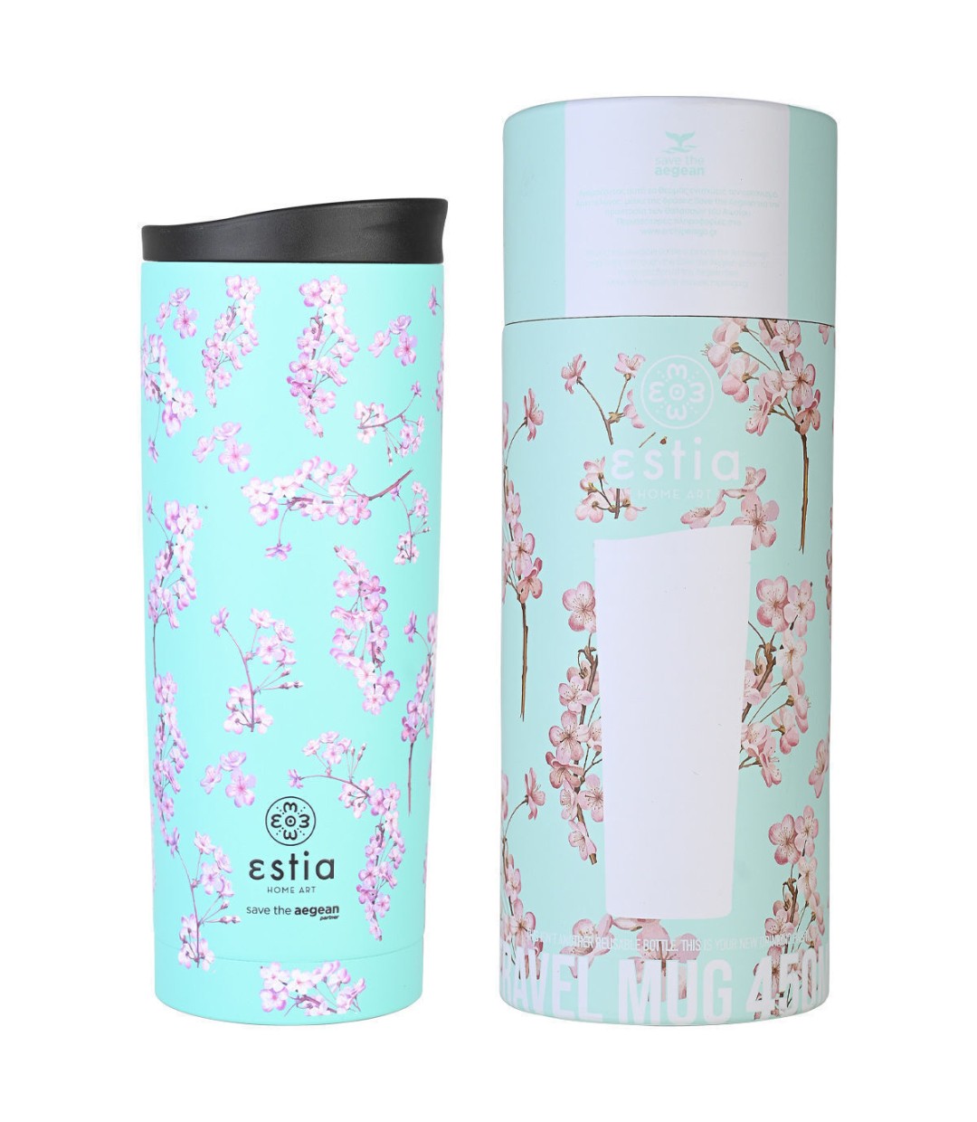 Estia Travel Mug Save The Aegean Ποτήρι Θερμός Ανοξείδωτο Blosson Green 450ml 01-20446