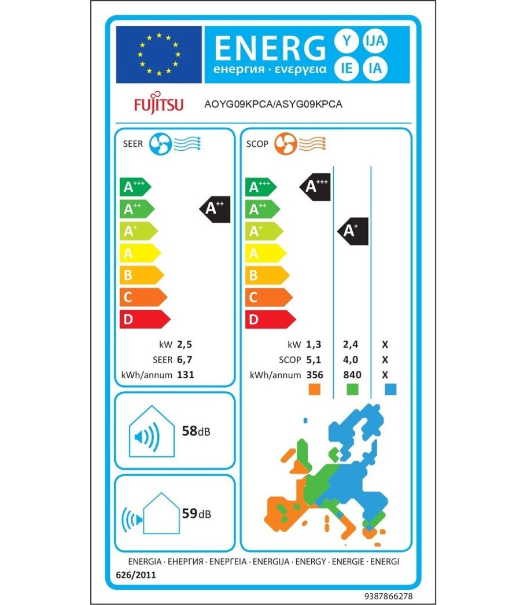 Fujitsu ASYG09KPCA/AOYG09KPCA Κλιματιστικό Inverter 9000 BTU A++/A+