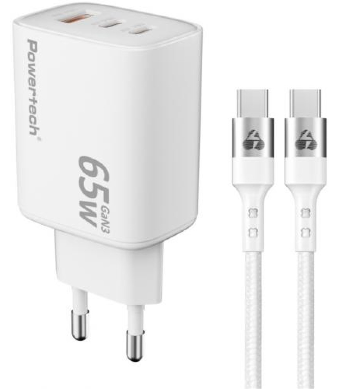 POWERTECH φορτιστής τοίχου PT-1415 με καλώδιο, USB/2x USB-C, 65W, GaN, λευκός