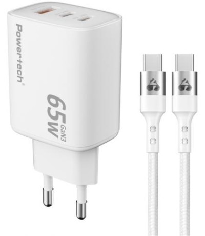 POWERTECH φορτιστής τοίχου PT-1415 με καλώδιο, USB/2x USB-C, 65W, GaN, λευκός