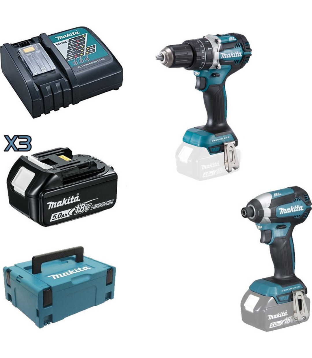 Makita DLX 2180 TJ Σετ Κρουστικό Δραπανοκατσάβιδο & Παλμικό Κατσαβίδι 18V με 3 Μπαταρίες 5Ah και Θήκη