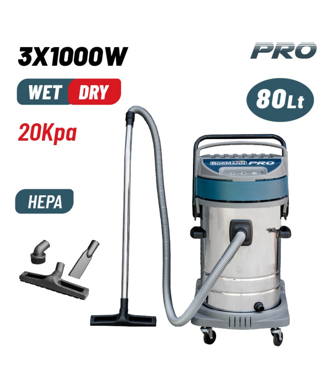 Bormann Pro BVC7510 Σκούπα Υγρών / Στερεών 3000W με Πλαστικό Κάδο 80lt