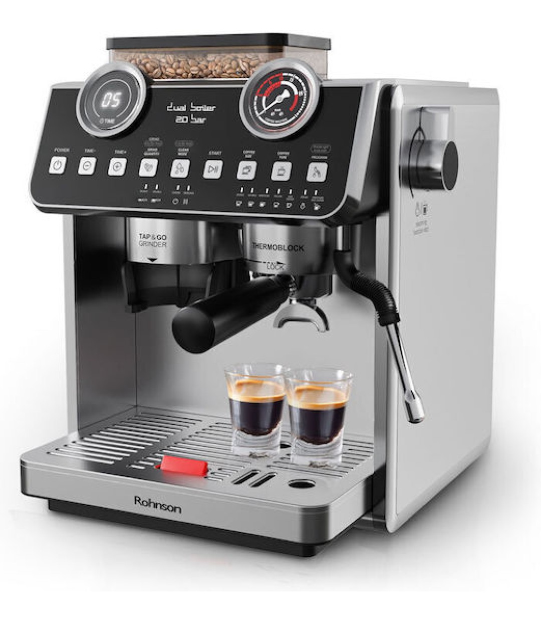  Rohnson Αυτόματη Μηχανή Espresso 2800W Πίεσης 20bar με Μύλο Άλεσης Ασημί R-98200 