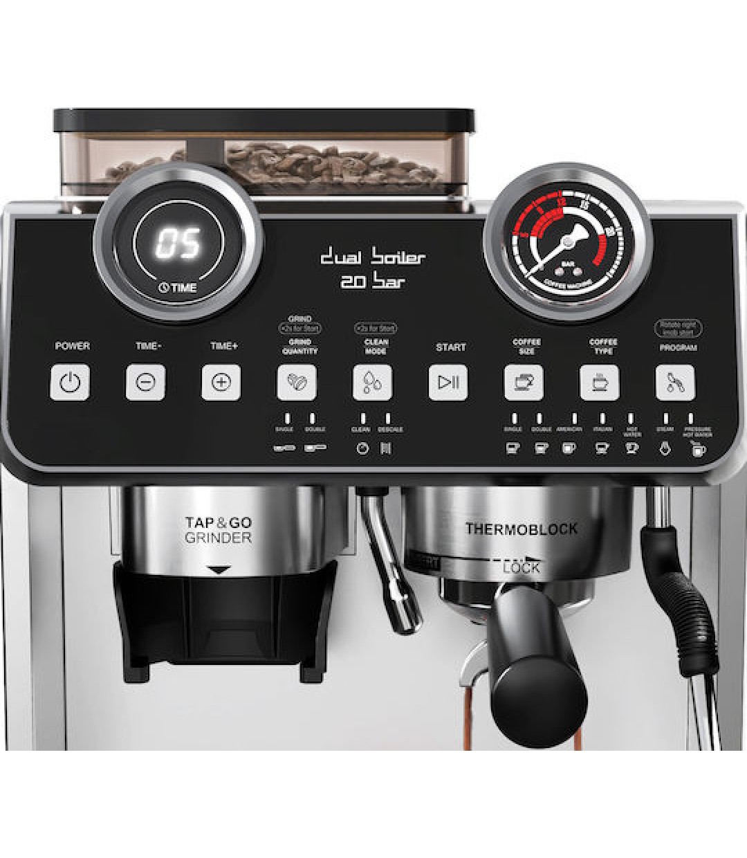  Rohnson Αυτόματη Μηχανή Espresso 2800W Πίεσης 20bar με Μύλο Άλεσης Ασημί R-98200 