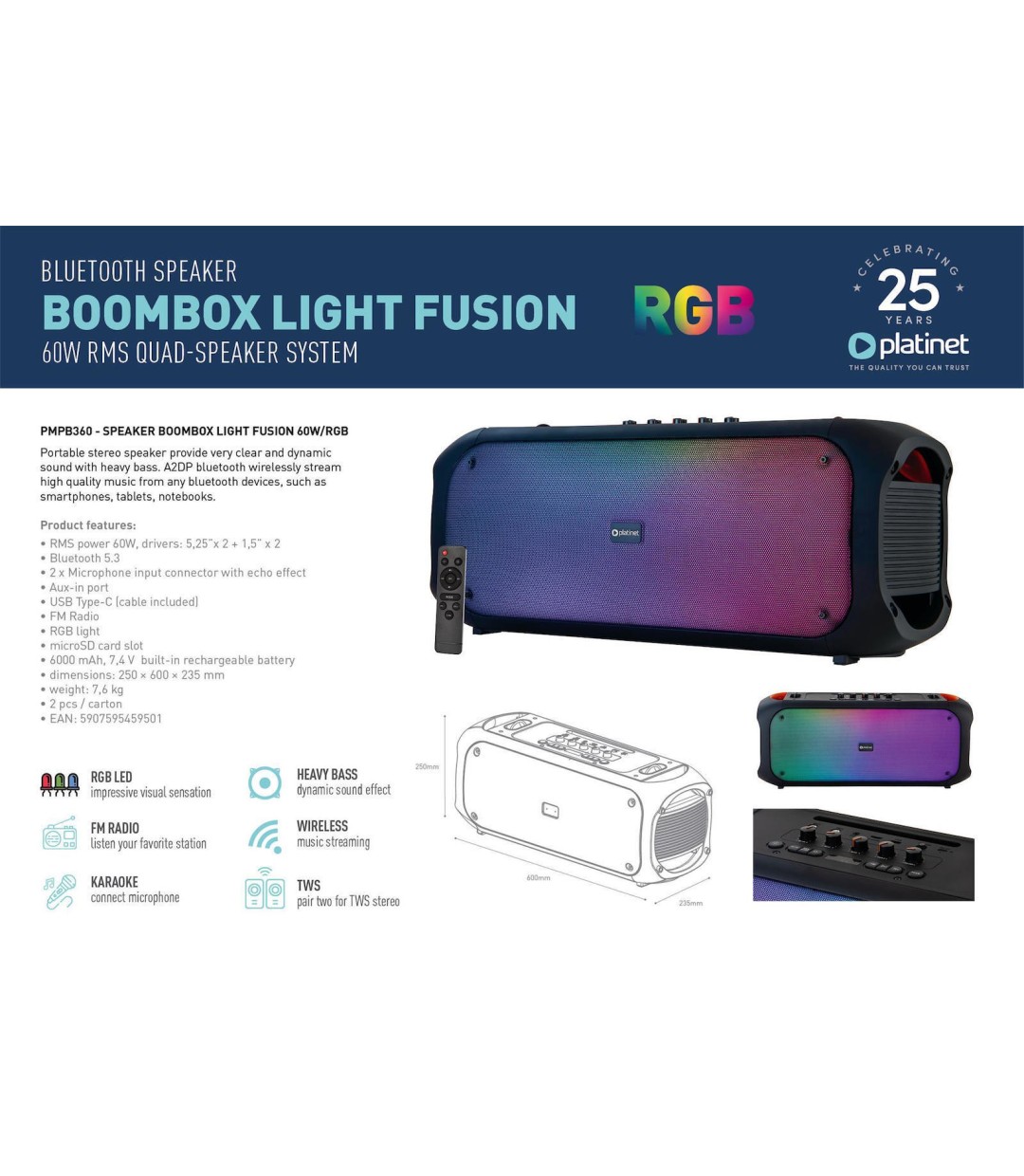 Platinet Boombox Light Fusion Ηχείο Bluetooth 60W με Διάρκεια Μπαταρίας έως 8 ώρες Μαύρο