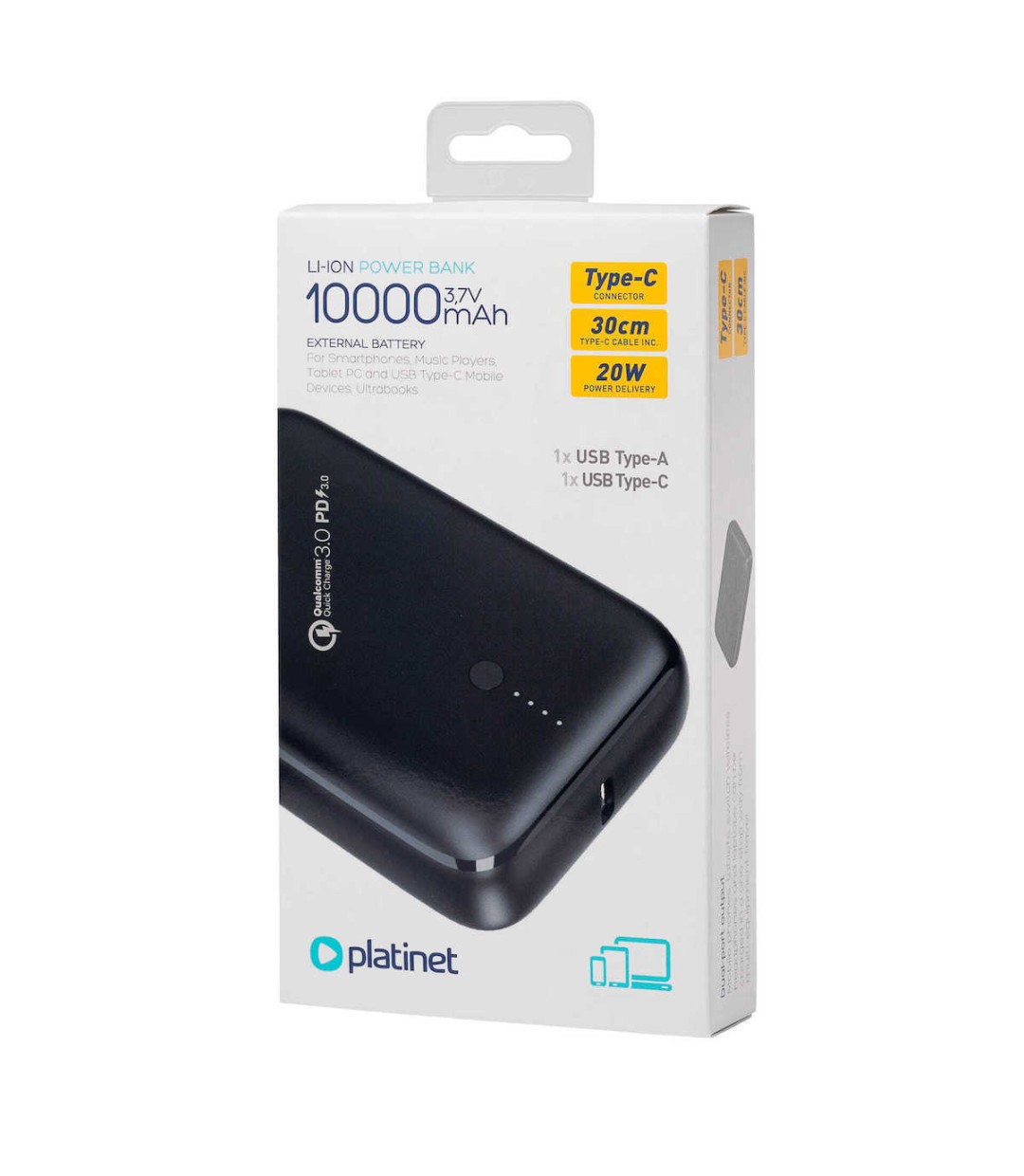 Platinet PMPB10DL104B Power Bank 10000mAh 20W με Θύρα USB-A και Θύρα USB-C Power Delivery Μαύρο