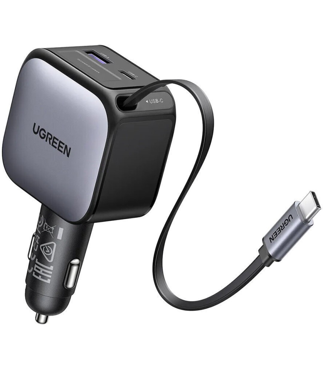 Ugreen EC602 Φορτιστής Αυτοκινήτου 60W 3A Γρήγορης Φόρτισης με Θύρες: 1xUSB 1xType-C μαζί με Καλώδιο Ενσωματωμένο Γκρι Χρώμα