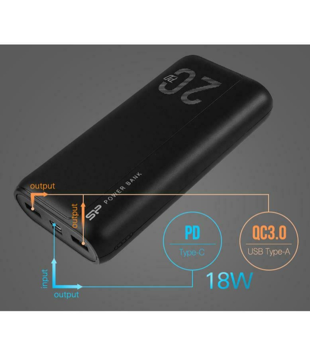 Silicon Power QS15 Power Bank 20000mAh με 2 Θύρες USB-A και Θύρα USB-C Power Delivery / Quick Charge 3.0 Μαύρο