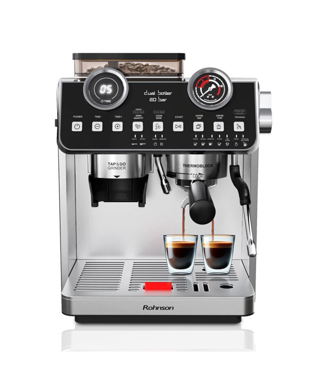 Rohnson Αυτόματη Μηχανή Espresso 2800W Πίεσης 20bar με Μύλο Άλεσης Ασημί R-98200 