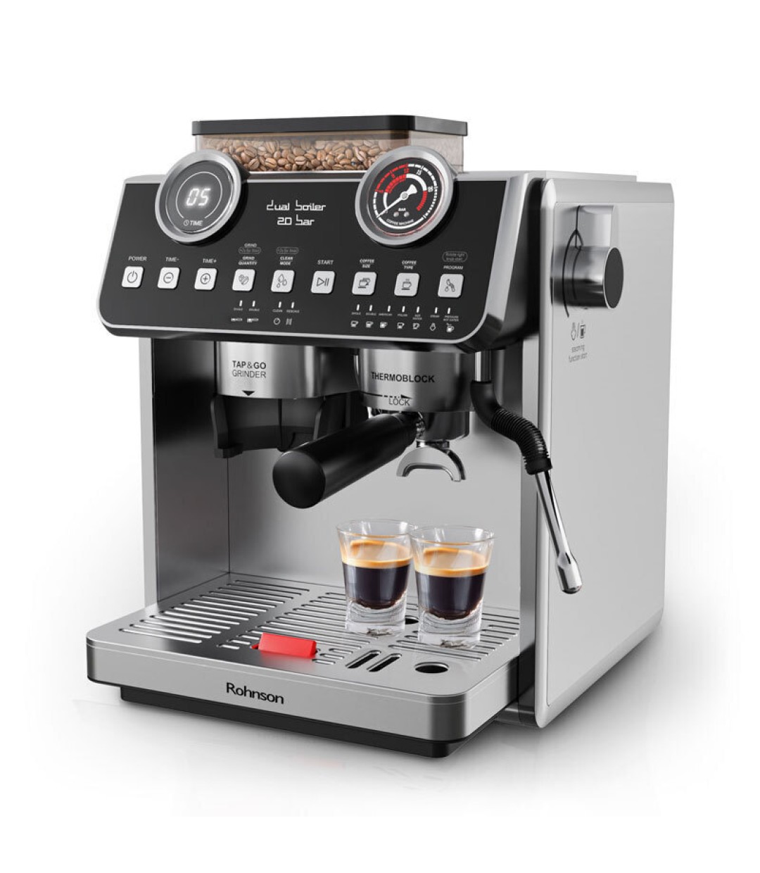 Rohnson Αυτόματη Μηχανή Espresso 2800W Πίεσης 20bar με Μύλο Άλεσης Ασημί R-98200 