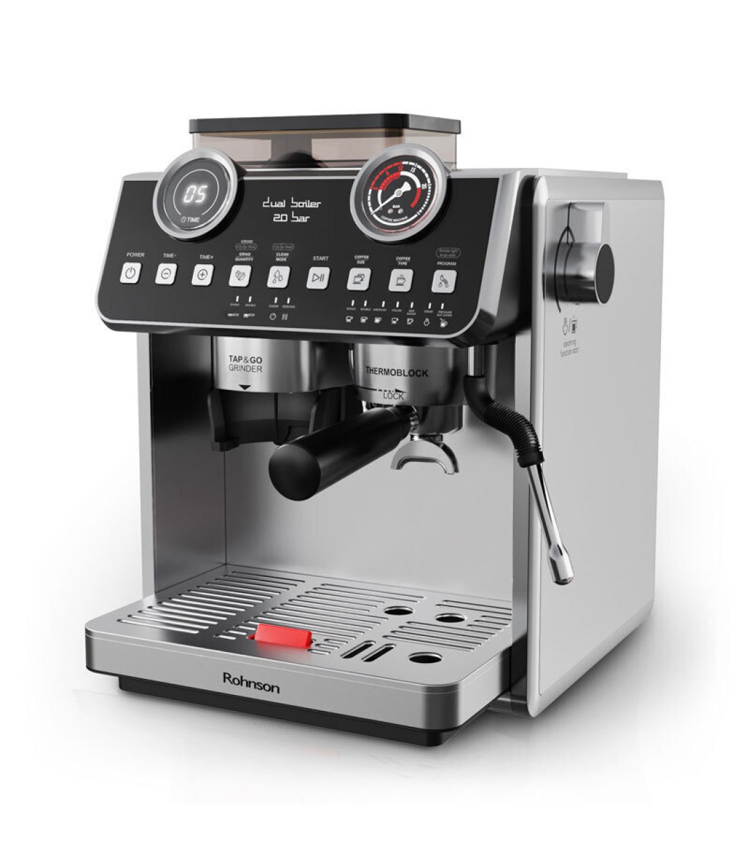 Rohnson Αυτόματη Μηχανή Espresso 2800W Πίεσης 20bar με Μύλο Άλεσης Ασημί R-98200 