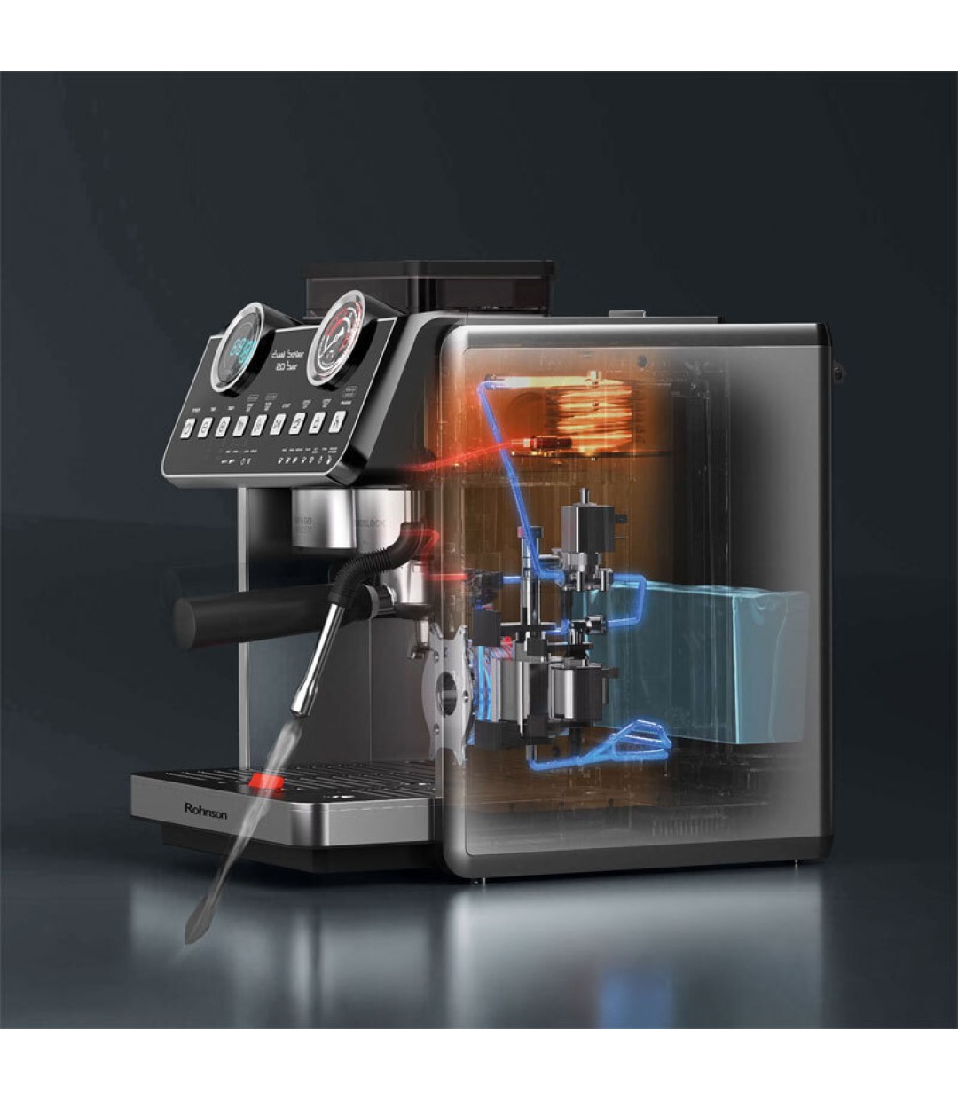 Rohnson Αυτόματη Μηχανή Espresso 2800W Πίεσης 20bar με Μύλο Άλεσης Ασημί R-98200 