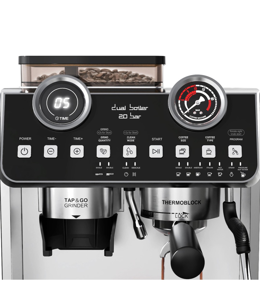Rohnson Αυτόματη Μηχανή Espresso 2800W Πίεσης 20bar με Μύλο Άλεσης Ασημί R-98200 