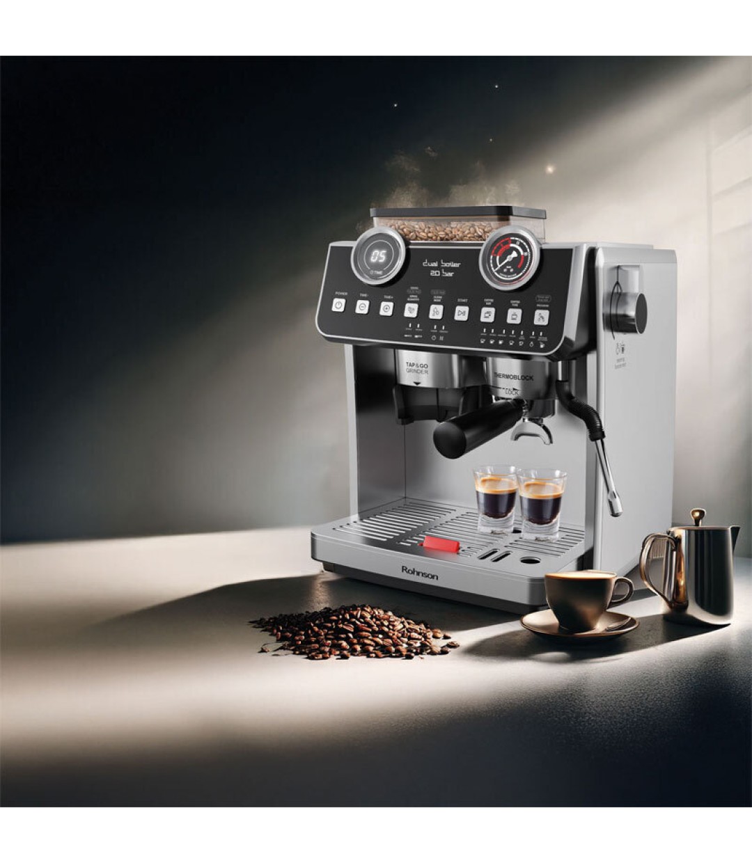 Rohnson Αυτόματη Μηχανή Espresso 2800W Πίεσης 20bar με Μύλο Άλεσης Ασημί R-98200 