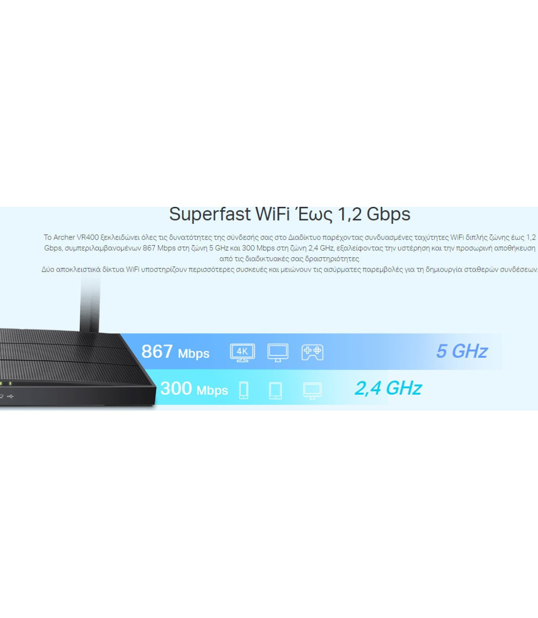 TP-LINK Archer VR400 v3 VDSL2 Ασύρματο Modem Router Wi‑Fi 5 με 4 Θύρες Gigabit Ethernet