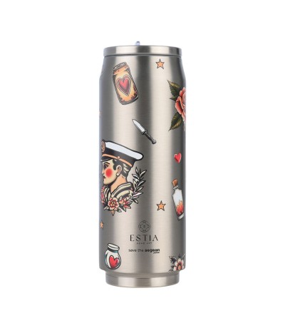 Estia Travel Cup Save the Aegean Ανακυκλώσιμο Ποτήρι Θερμός Ανοξείδωτο / Πλαστικό BPA Free 500ml old School με Καλαμάκι