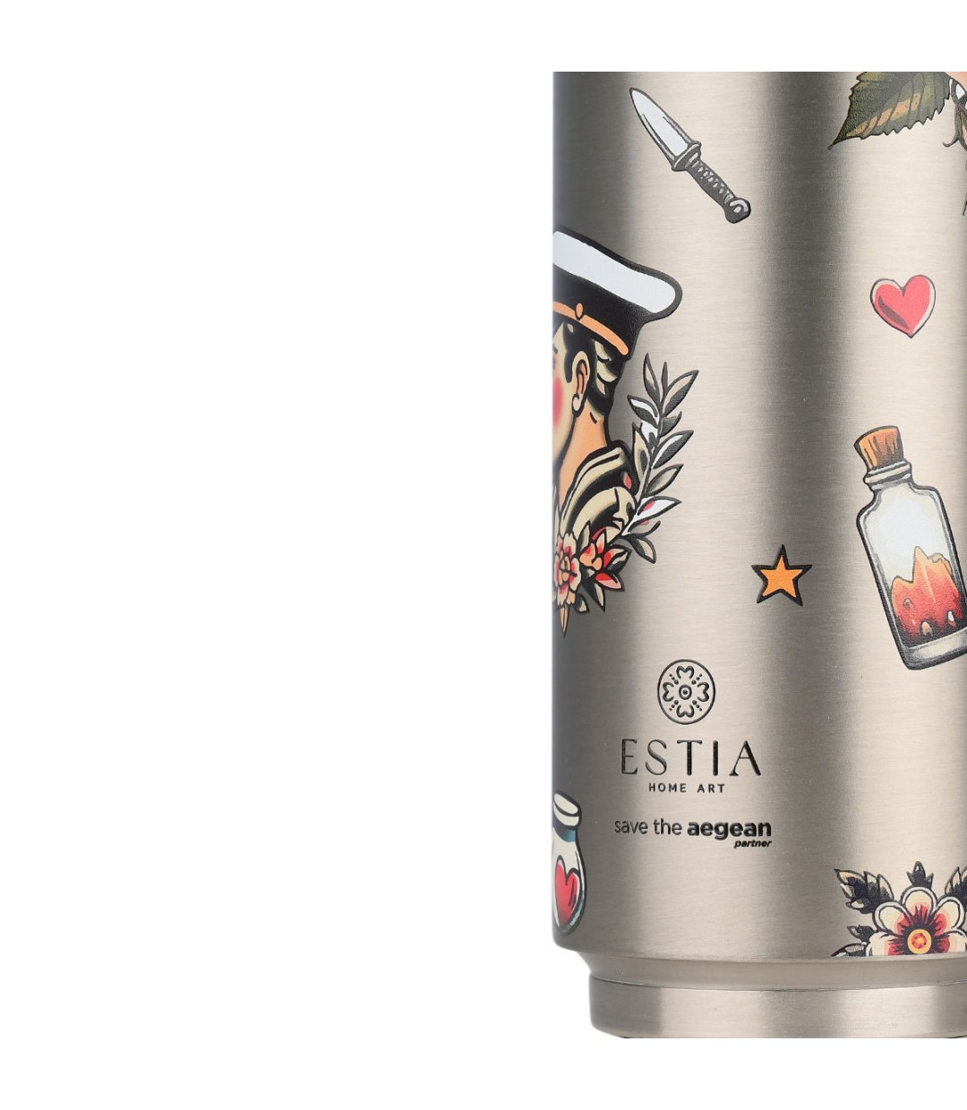 Estia Travel Cup Save the Aegean Ανακυκλώσιμο Ποτήρι Θερμός Ανοξείδωτο / Πλαστικό BPA Free 500ml old School με Καλαμάκι