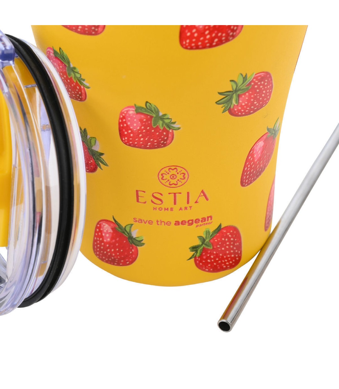 Estia Coffee Mug Save The Aegean Ανακυκλώσιμο Ποτήρι Θερμός Ανοξείδωτο BPA Free 350ml Berry Bright με Καλαμάκι