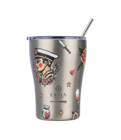 Estia Coffee Mug Save The Aegean Ανακυκλώσιμο Ποτήρι Θερμός Ανοξείδωτο BPA Free 350ml old School με Καλαμάκι