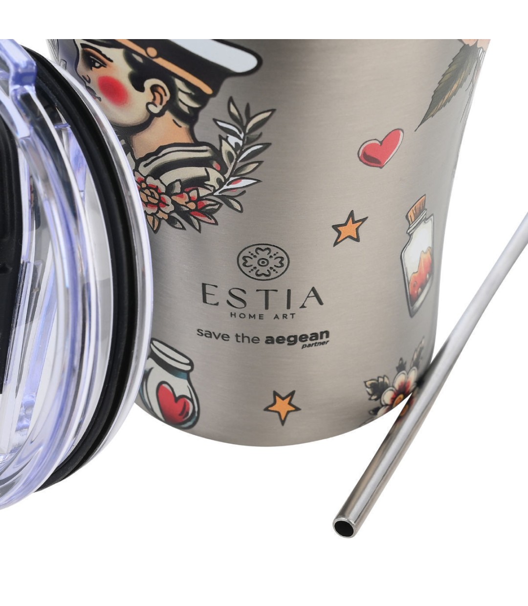 Estia Coffee Mug Save The Aegean Ανακυκλώσιμο Ποτήρι Θερμός Ανοξείδωτο BPA Free 350ml old School με Καλαμάκι